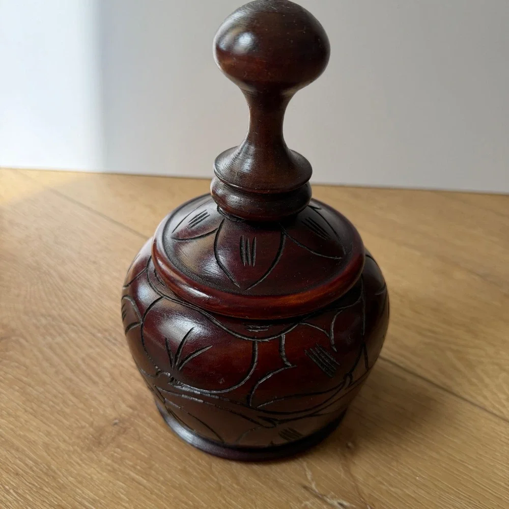 Vintage Hand Carved Wooden Jar with Lid Floral Etched Decorative Vessel Brown